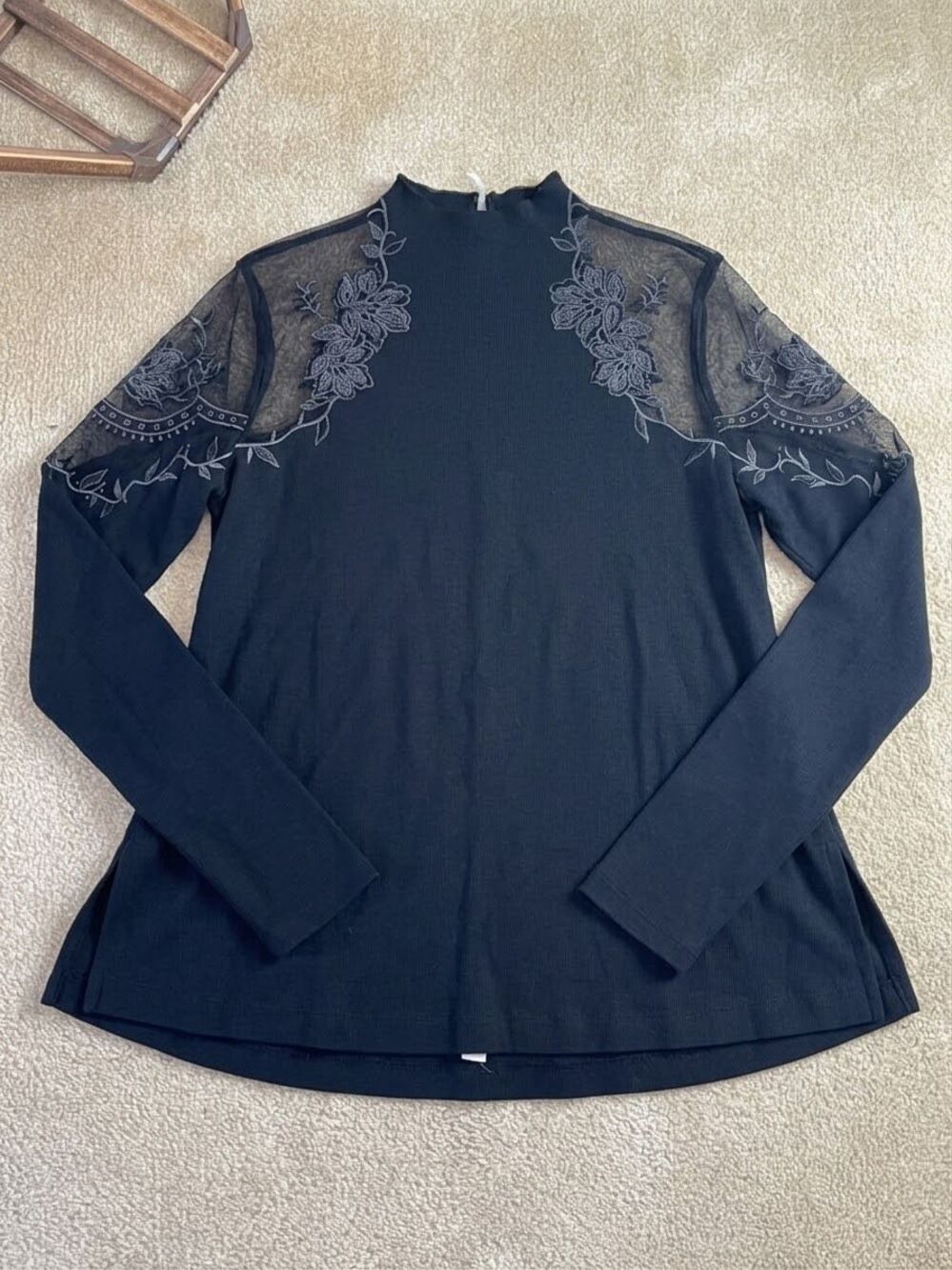 Free People Ribbed Mock Neck Embroidered Sheer Mesh Shoulder Top - Size S (Black